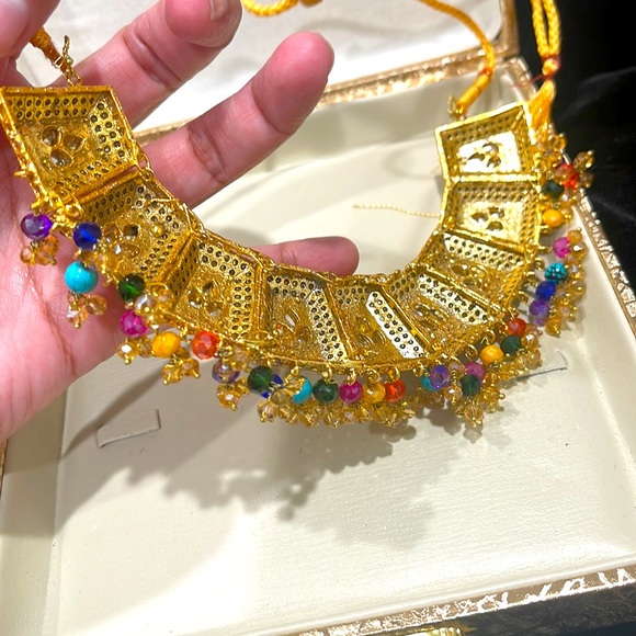 Navratan Gold Tone Jadau Choker Necklace Set Necklace, earrings and tikka) - Picture 10 of 10